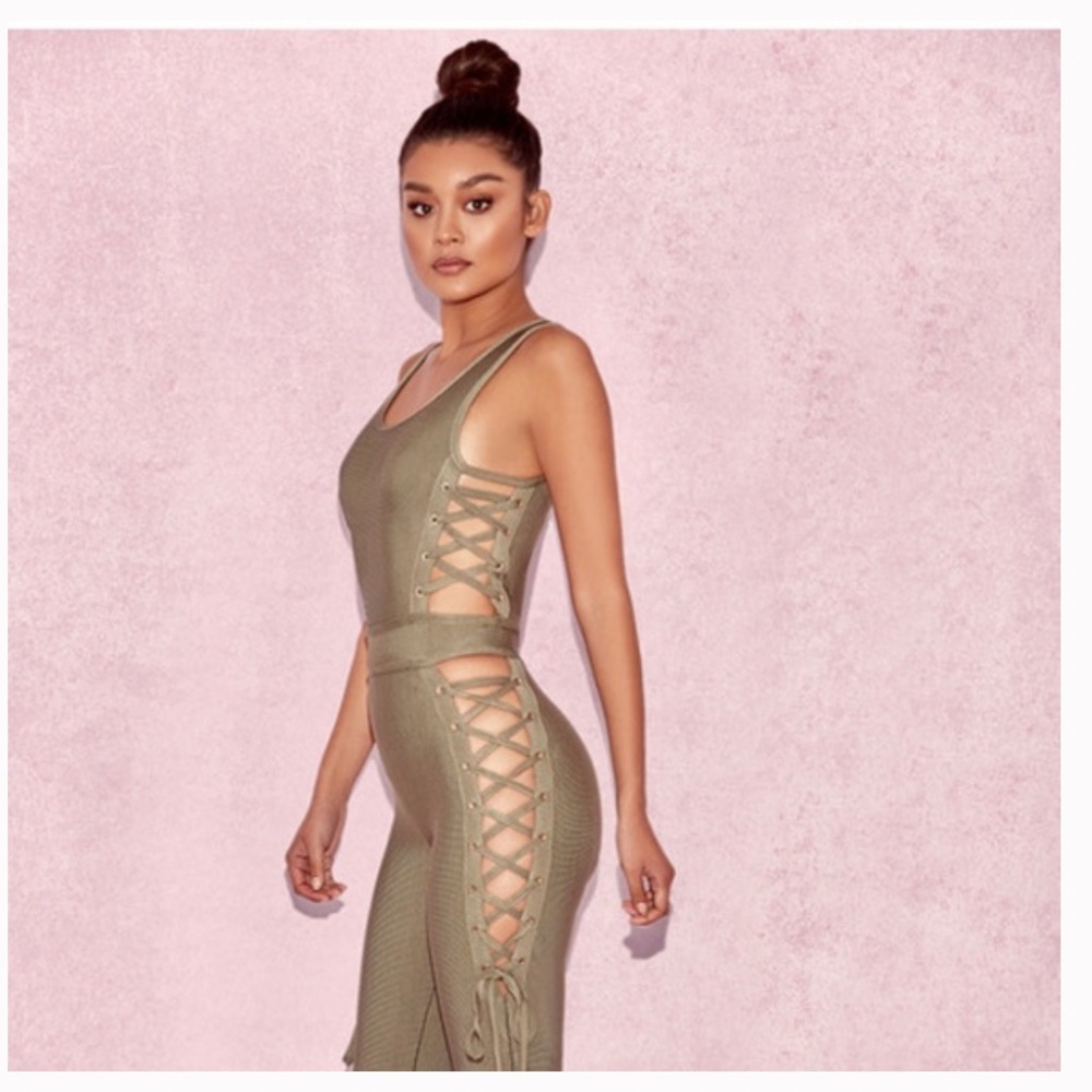 House of CB Olive Green Lace-Up Knit Jumpsuit